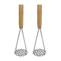 Aardappelstamper/pureestamper - 2x - metaal/hout - keuken gerei - 25 cm