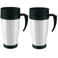 Thermosbeker/warmhoudbeker Koffie To Go - 2x - wit/zwart - 400 ml - koffie/thee bekers - dubbelwandi - thumbnail