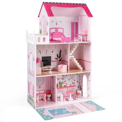 Houten Poppenhuis Poppenhuis voor Kinderen met 17-Delige Meubelset-Roze
