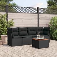 5-delige Loungeset met kussens poly rattan zwart