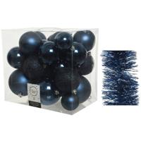 Kerstversiering kunststof kerstballen 6-8-10 cm met folieslingers pakket donkerblauw van 28x stuks - Kerstbal - thumbnail