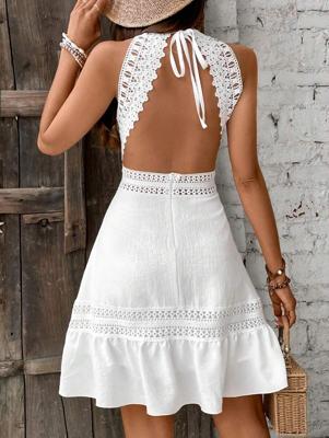 Bon&Bon Black Lace Halter Neck Backless Boho Beach Dress White / M