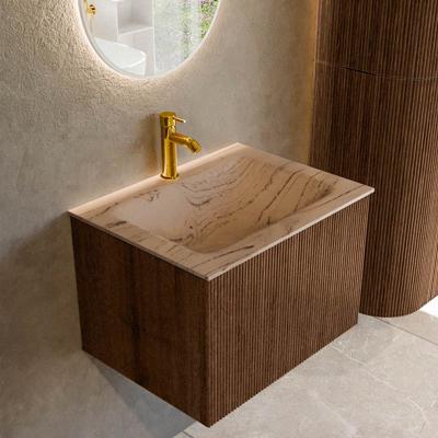 Badmeubel Mondiaz Kurve-Dlux | 60 cm | Meubelkleur Walnut | Wastafelkleur Arena | Solid surface | Wasbak midden spoelbak | 1 kraangat