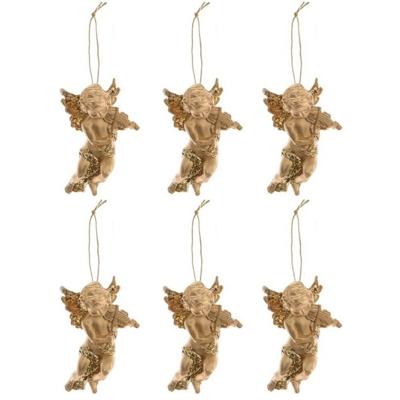Decoris engel met viool - 6x - goud - kunststof - 10 x 6 cm - kerstversiering - hangdecoratie