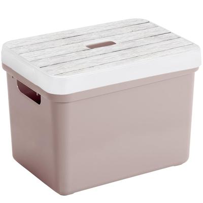 Sunware Opbergbox - roze - 18L - kunststof - met houtkleur deksel - 35 x 25 x 24 cm