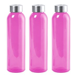 3x Stuks glazen waterfles/drinkfles fuchsia roze transparant met Rvs dop 550 ml