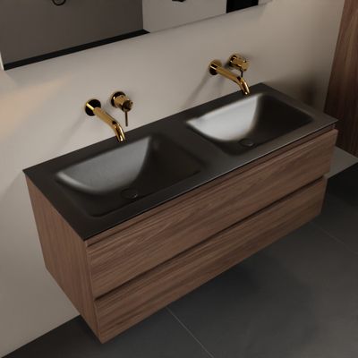 MONDIAZ AIVY 120cm badmeubel Mocha, wastafel Urban solid surface dubbel zonder kraangat met spiegel (AI-351651URBAN-NO - AI-M120MODU - AI-S120X73)