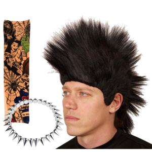 Carnaval verkleed setje heren punker - hanekam pruik - spikes ketting - tattoo sleeves