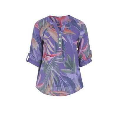 Paprika top met bladprint paars/groen/oudroze Paprika top met bladprint paars/groen/oudroze