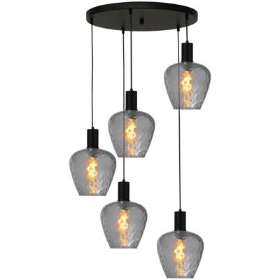 Masterlight 5-lichts vide hanglamp - zwart -Porto met Diamond smoke glazen - 2712-05-05-50-5-5