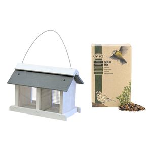 Vogelhuisje/voedersilo met twee vakken wit hout/leisteen 31 cm inclusief vogelvoer