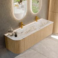Badmeubel Mondiaz Kurve-Dlux | 155 cm | Meubelkleur Oak | Wastafelkleur Glace | Solid surface | Dubbele spoelbak | 2 kraangaten