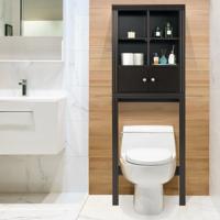 Opbergkast Boven het Toilet Ruimtebesparende Badkameropberger met 4 Open Vakken Kast met 2 Deuren en Verstelbare Planken Bruin