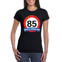 Verkeersbord 85 jaar t-shirt zwart dames Verkeersbord 85 jaar t-shirt zwart dames