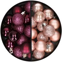 34x stuks kunststof kerstballen aubergine paars en lichtroze 3 cm