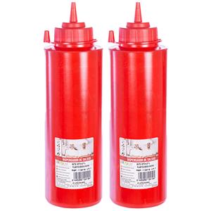 Doseerfles/sausfles rood - 2x - kunststof - met schenktuit - 500 ml - 25 x 6 cm