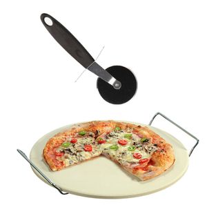 Keramieken pizzasteen rond 33 cm met handvaten en pizza snijder 19 cm