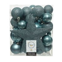 33x stuks kunststof kerstballen met ster piek ijsblauw (blue dawn) - Kerstbal - thumbnail