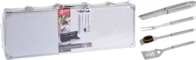 BARBECUEGEREEDSCHAPSET RVS 4 DLG, IN ALUMINIUM KOFFER 46X16X8CM