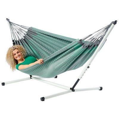 Tweepersoons hangmat met metalen standaard - 350x160cm - Groen - 160kg draagkracht- 100% katoen - binnen & buiten