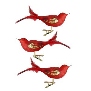 3x stuks luxe glazen decoratie vogels op clip rood 11 cm