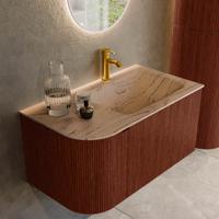 Badmeubel Mondiaz Kurve-Dlux | 85 cm | Meubelkleur Ruby | Wastafelkleur Arena | Solid surface | Wasbak rechter zijde spoelbak | 1 kraangat