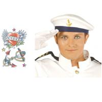 Carnaval verkleed Matrozen hoedje - wit - met zeeman plak tatoeages - volwassenen - thumbnail