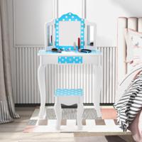 Make-Uptafel voor Kinderen 2-In-1 Kaptafel Bureau met Drievoudig Inklapbare Spiegel en Afneembare Plaat en Lade (Blauw)