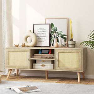 Boho TV-Standaard voor tv's tot 55 Inch PE Rotan met 2 Kasten en 5 Massief Houten Poten Houten TV-Meubel met 2 Kabelgaten Natuur