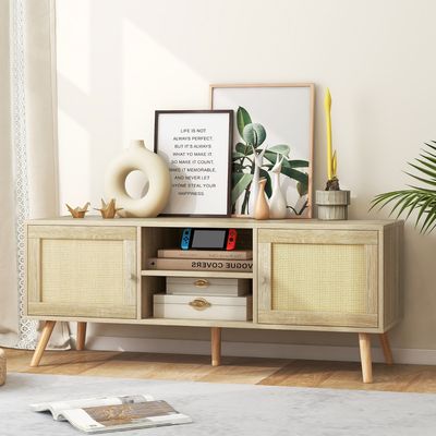 Boho TV-Standaard voor tv's tot 55 Inch PE Rotan met 2 Kasten en 5 Massief Houten Poten Houten TV-Meubel met 2 Kabelgaten Natuur
