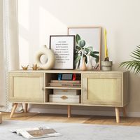 Boho TV-Standaard voor tv's tot 55 Inch PE Rotan met 2 Kasten en 5 Massief Houten Poten Houten TV-Meubel met 2 Kabelgaten Natuur