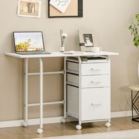 Inklapbare Computertafel met 3 Laden en Wieltjes Bureau met Metalen Frame Klapbureau105 x 50 x 75 cm (Wit/Bruin/Natuur)