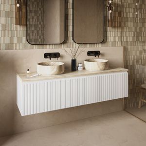 Fontana White Travertin badmeubel 160cm mat wit met ribbelfront en toppaneel met ronde waskommen