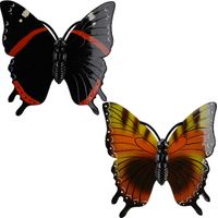2x stuks tuin decoratie vlinders - kunststof - oranje - zwart - 24 x 24 cm - Tuinbeelden - thumbnail