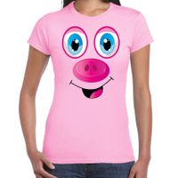 Dieren verkleed t-shirt dames - varken gezicht - carnavalskleding - lichtroze - thumbnail