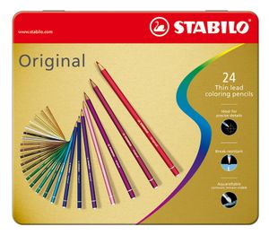 STABILO Original, kleurpotlood, voor haarfijne lijnen, met elastische kern, metalen etui met 24 kleuren
