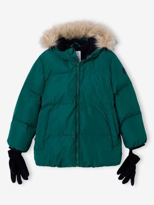 Donsjack met capuchon, fleecevoering en wanten of handschoenen dennen