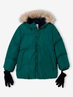 Donsjack met capuchon, fleecevoering en wanten of handschoenen dennen