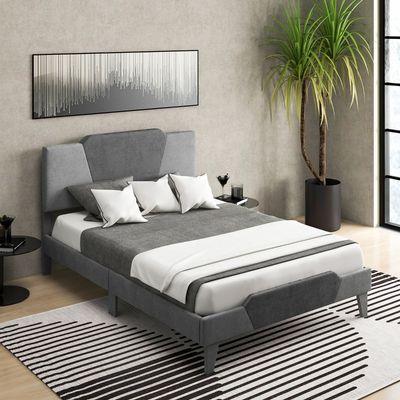 Tweepersoons Gestoffeerd Platformbed Fluwelen Bedframe met Hoofdeinde Massief Houten Lattenbodem 140 x 200 cm Grijs