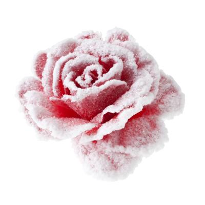 Cosy & Trendy decoratie bloemen - roos - rozen - roze met sneeuw - op clip - 15 cm - kerstboom