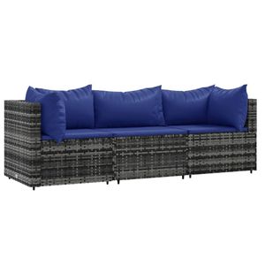 vidaXL 3-delige Loungeset met kussens poly rattan grijs