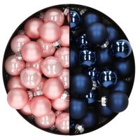 Mini kerstballen - 48x st - donkerblauw en lichtroze - 2,5 cm - glas