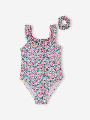 Badpak met bloemenprint voor meisjes perzik