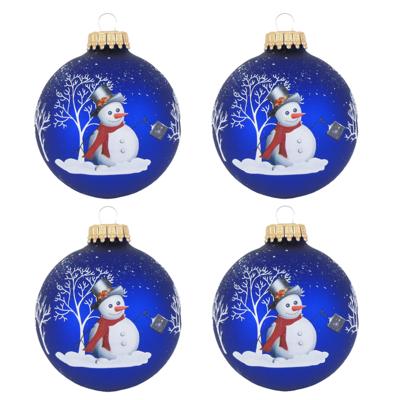 4x stuks luxe glazen kerstballen - 7 cm - blauw - met sneeuwpop 4x stuks luxe glazen kerstballen - 7 cm - blauw - met sneeuwpop