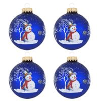 4x stuks luxe glazen kerstballen - 7 cm - blauw - met sneeuwpop 4x stuks luxe glazen kerstballen - 7 cm - blauw - met sneeuwpop