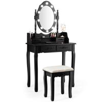 Kaptafelset met Ovale Spiegel en 10 Dimbare LED-Lampen Klassieke Make-up-Kaptafelset 75 x 40 x 146 cm Zwart
