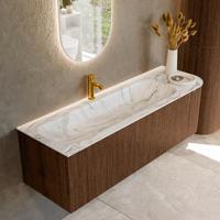 Badmeubel Mondiaz Kurve-Dlux | 145 cm | Meubelkleur Walnut | Wastafelkleur Glace | Solid surface | Links spoelbak | 1 kraangat