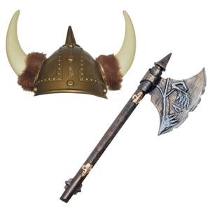 Viking verkleedkleding set - 2 delig - heren - helm met hoorns - Hakbijl van 68 cm - kunststof