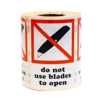 Etiketten "do not use blades to open" 105 x 74 mm 500 stuks per rol