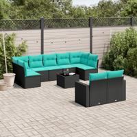 10-delige Loungeset met kussens poly rattan zwart